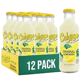 A 12-pack of Calypso Original Lemonade glass bottles in a green cardboard tray, with one bottle displayed in front on a white background.