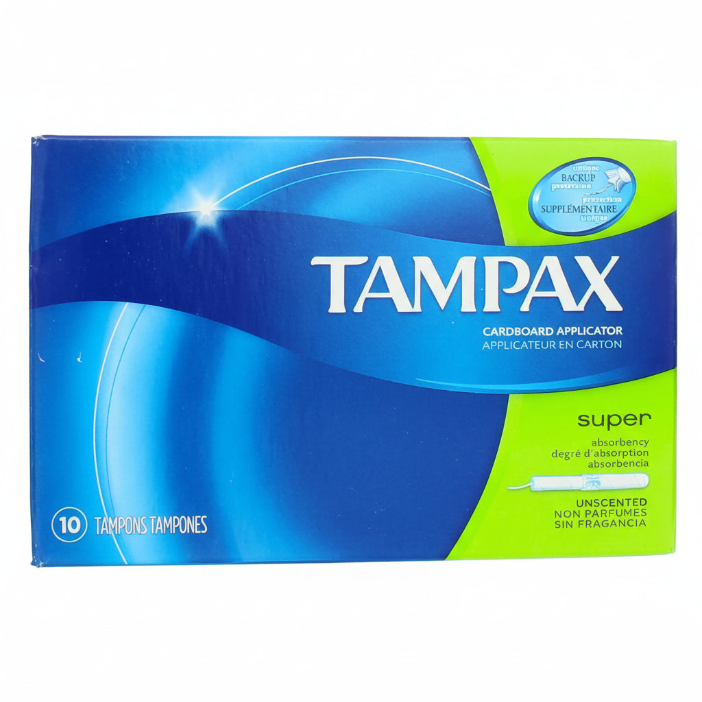 Tampax cardboard applicator packaging with blue and green design