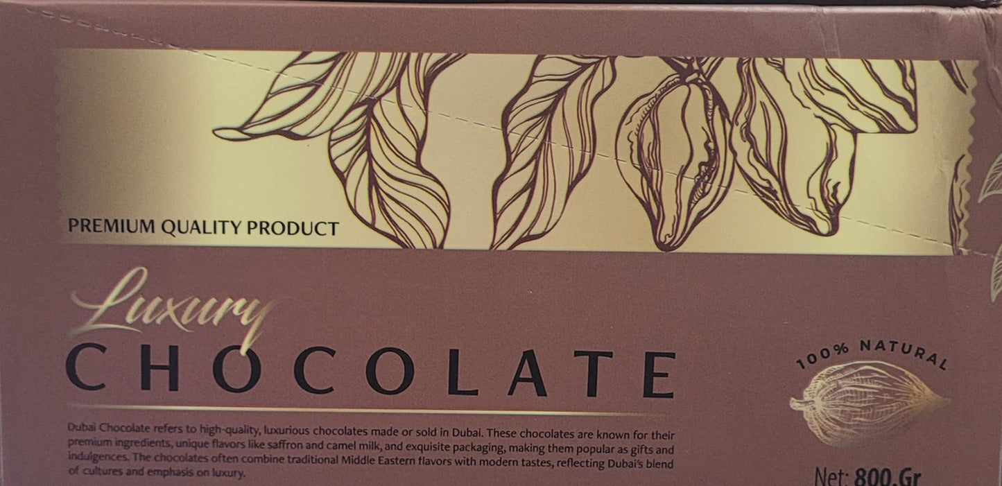 Box of luxury chocolate with cacao bean illustration and text on a brown background