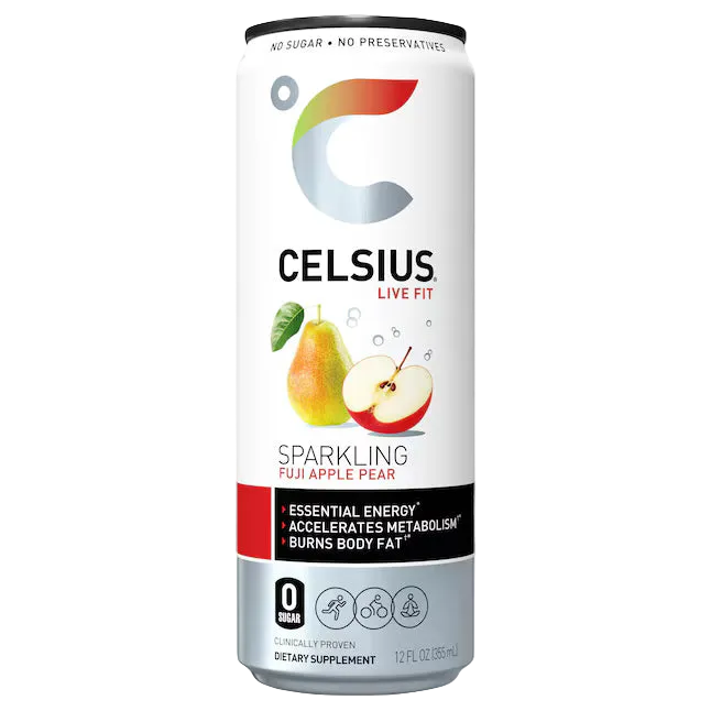 A single can of Celsius Live Fit Sparkling Fuji Apple Pear dietary supplement on a plain white background. The can is primarily white with a black band, a colorful C logo, and illustrations of a pear and apple.