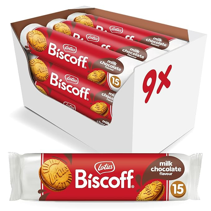 Box of Lotus Biscoff milk chocolate cookies with a close-up of a single package.