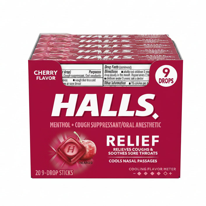 A 20-pack box of Halls Cherry Flavor Relief 9-Drop Sticks cough suppressant. The packaging is a deep magenta pink with white text and a graphic of a cherry-shaped medicine drop.