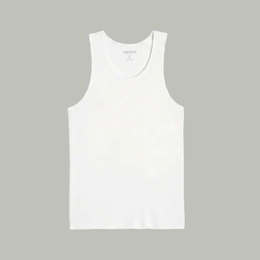 White tank top on a navy background
