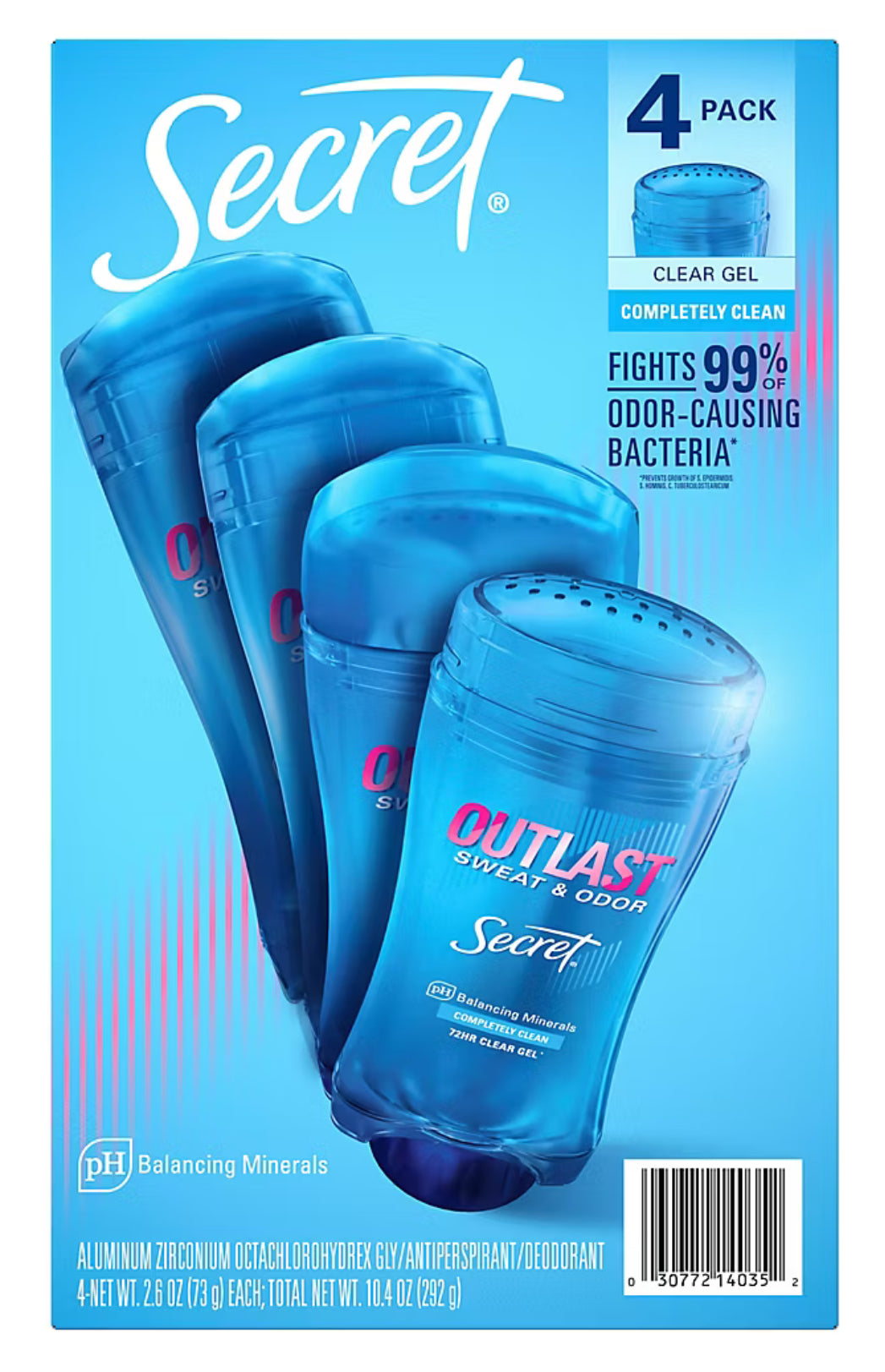 Secret Antiperspirant Deodorant for Women Outlast Clear Gel 2.6oz 4pk