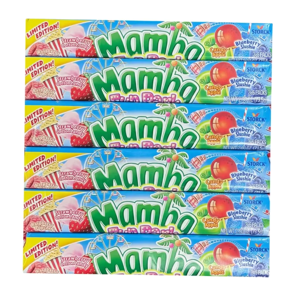 Multiple packages of Mambo candy bars stacked on a white background