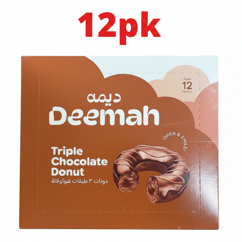 Box of Deemah Triple Chocolate Donuts with '12pk' text on a white background