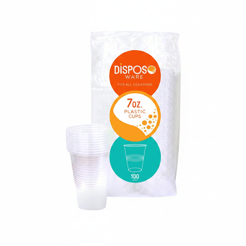 7oz. clear Plastic Cups ( 100 CUPS) Disposeware