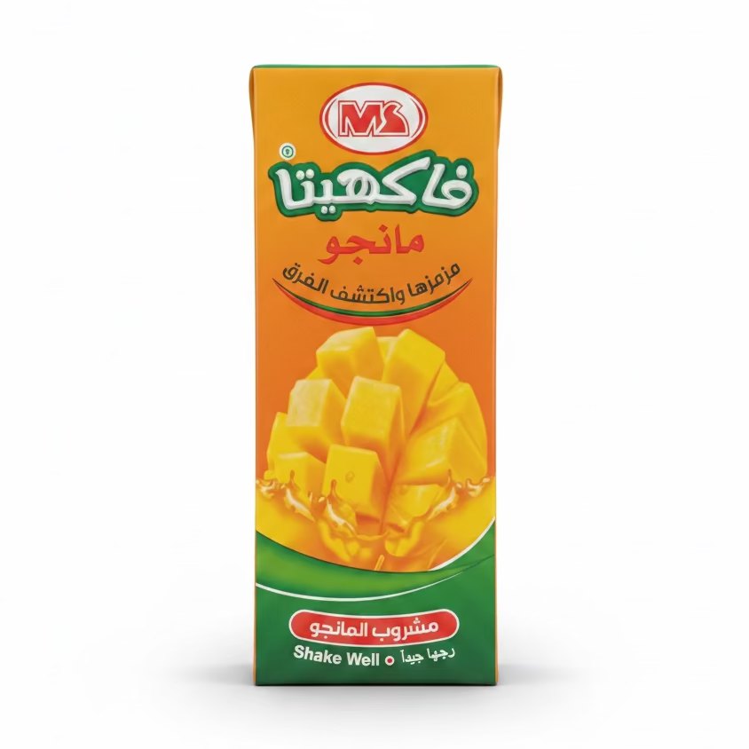 Mango juice box with brand logo and mango image on a white background