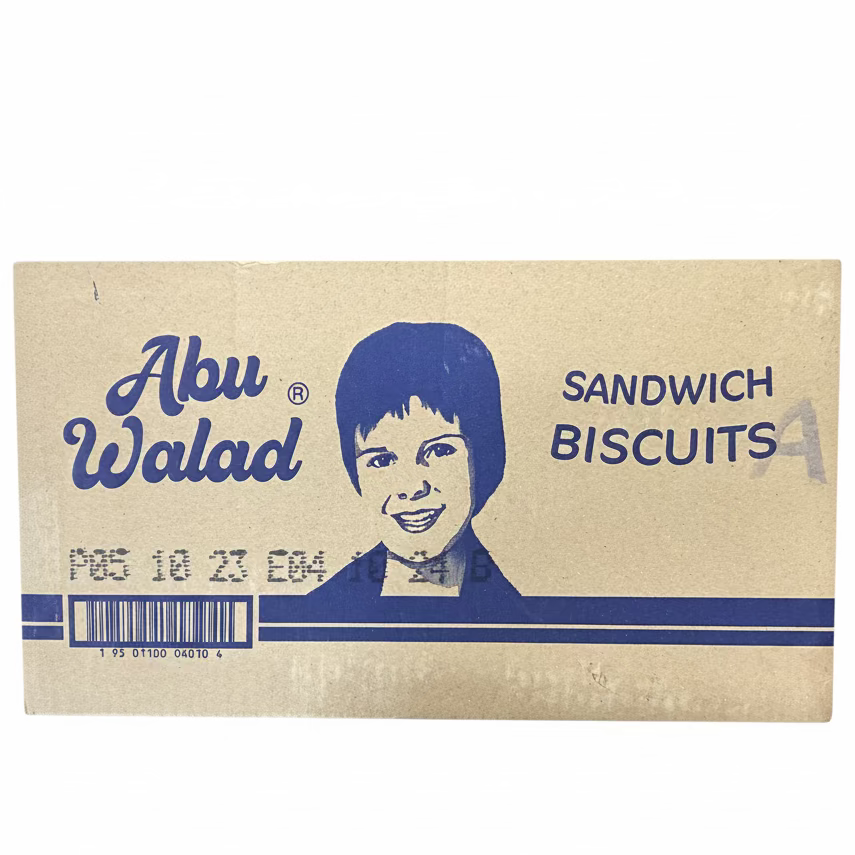 Package of Abu Walad sandwich biscuits with a portrait on a beige background