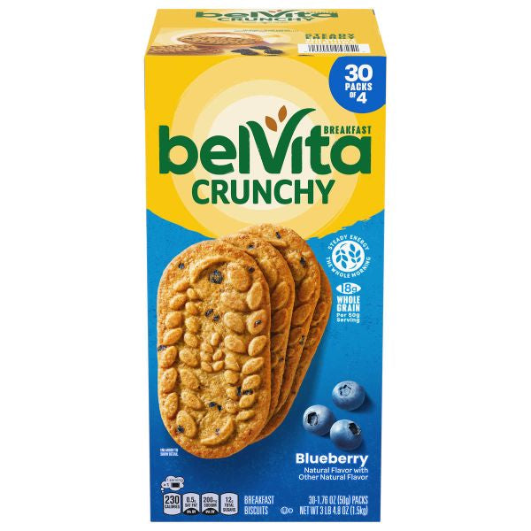 belVita Crunchy Breakfast Biscuit, Blueberry, 1.76oz 30pk of 4