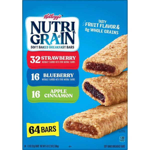 Kellogg's Nutri-Grain Breakfast Bars, Variety Pack, 1.3 oz, 64 ct