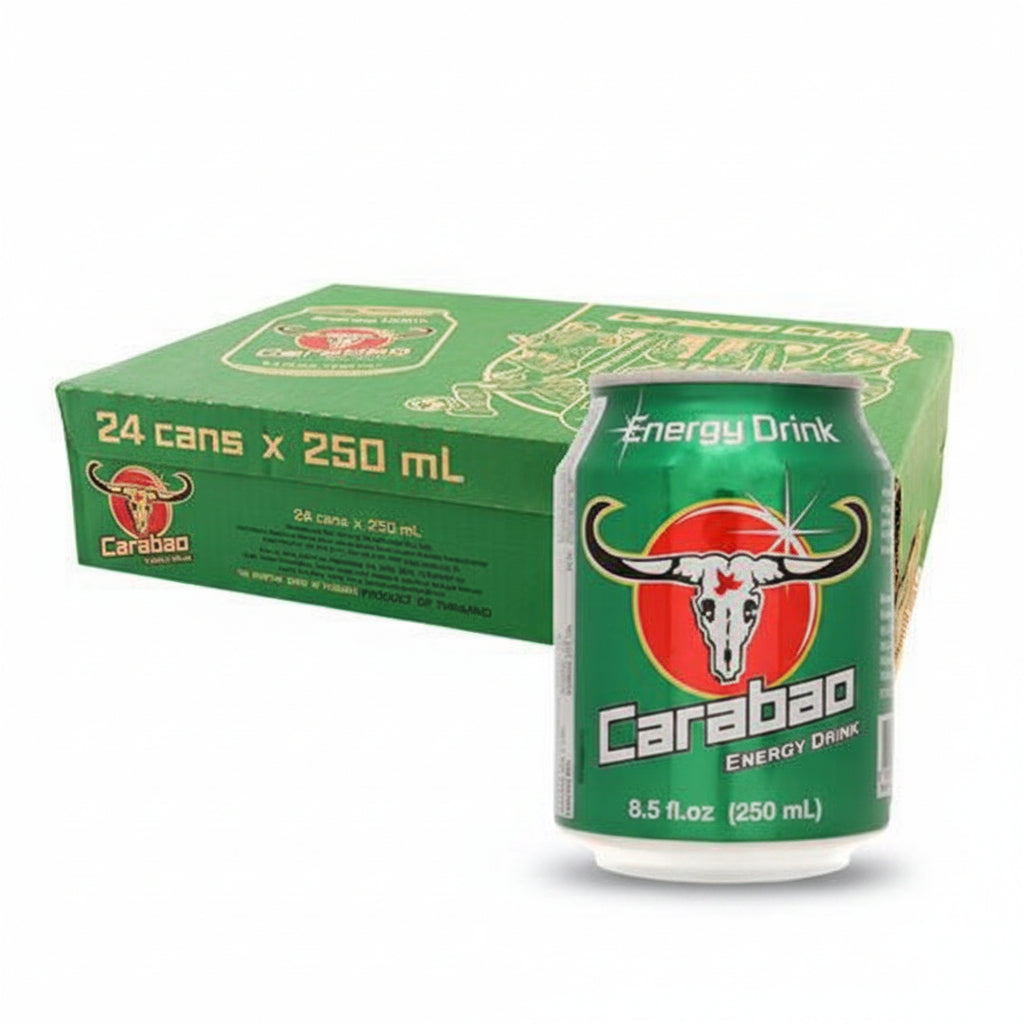 A case of 24 cans of Carabao energy drink, each can is 250ml. The packaging is predominantly green with an image of a carabao (water buffalo) and the branding information.