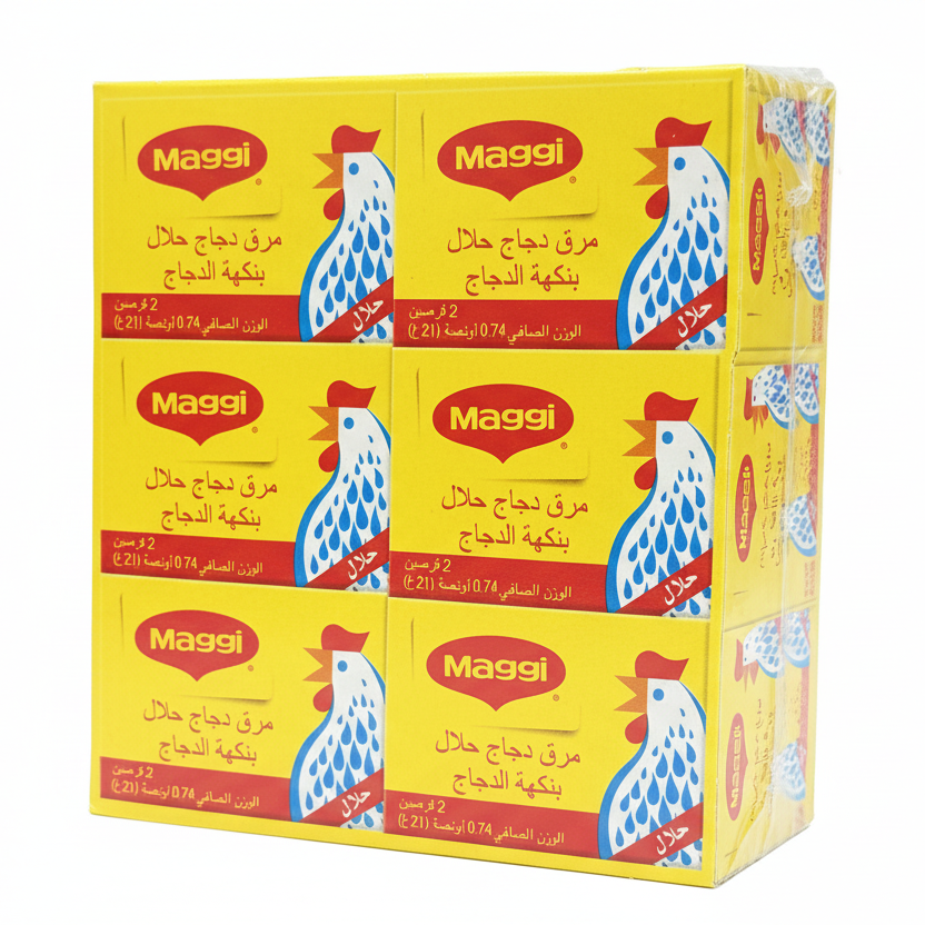 Maggi noodle boxes with yellow packaging and red labels on a white background