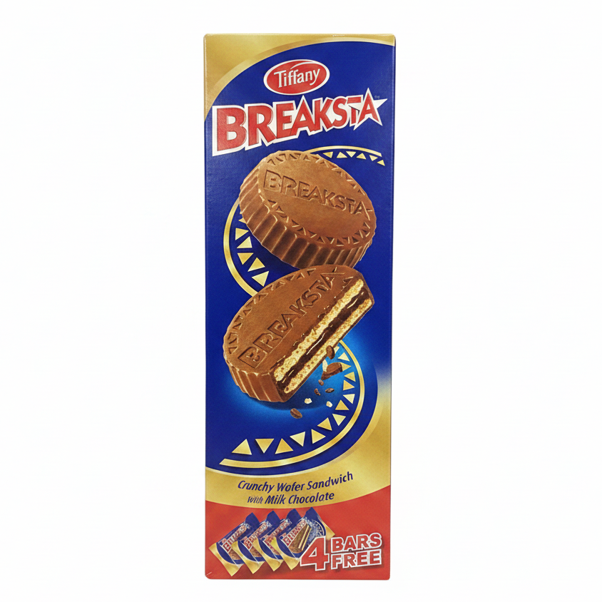 A pack of Tiffany Breaksta Crunchy Wafer with Chocolate. The packaging is predominantly blue and yellow with an image of the chocolate wafer sandwich in the center.