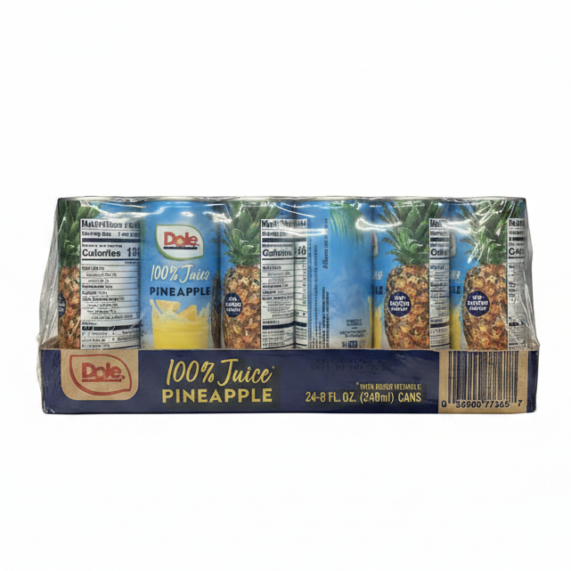 Pack of Dole 100% Pineapple Juice cans on a white background