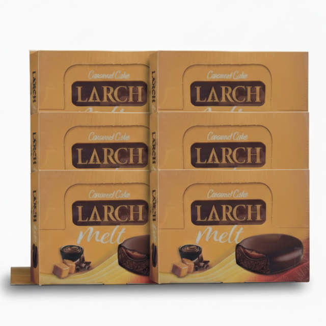 Multiple boxes of Larch Caramel Cake and Larch Melt on a white background