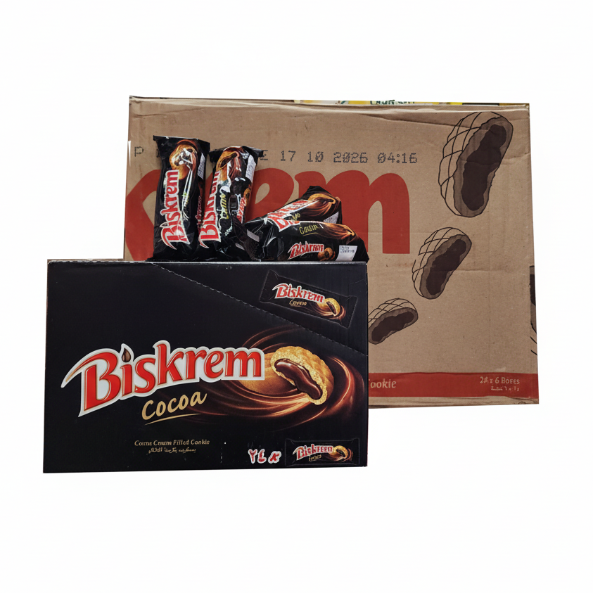Biskrem Cocoa packaging with a cardboard box on a white background