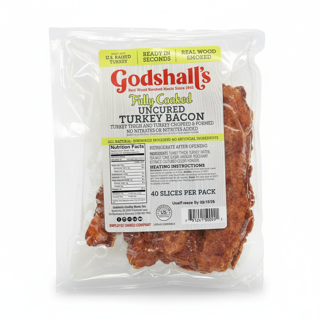 Packaged Godshall's turkey bacon with a Pepsi soda can in the background