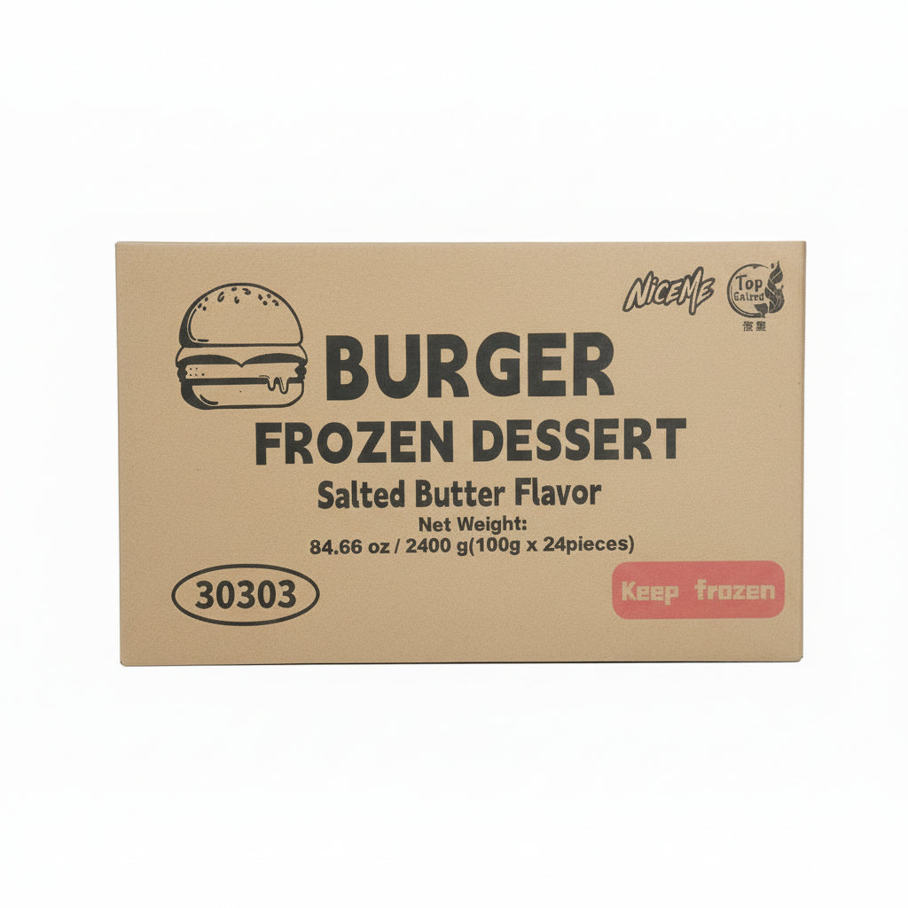 Box of Burger Frozen Dessert with salted butter flavor on a white background