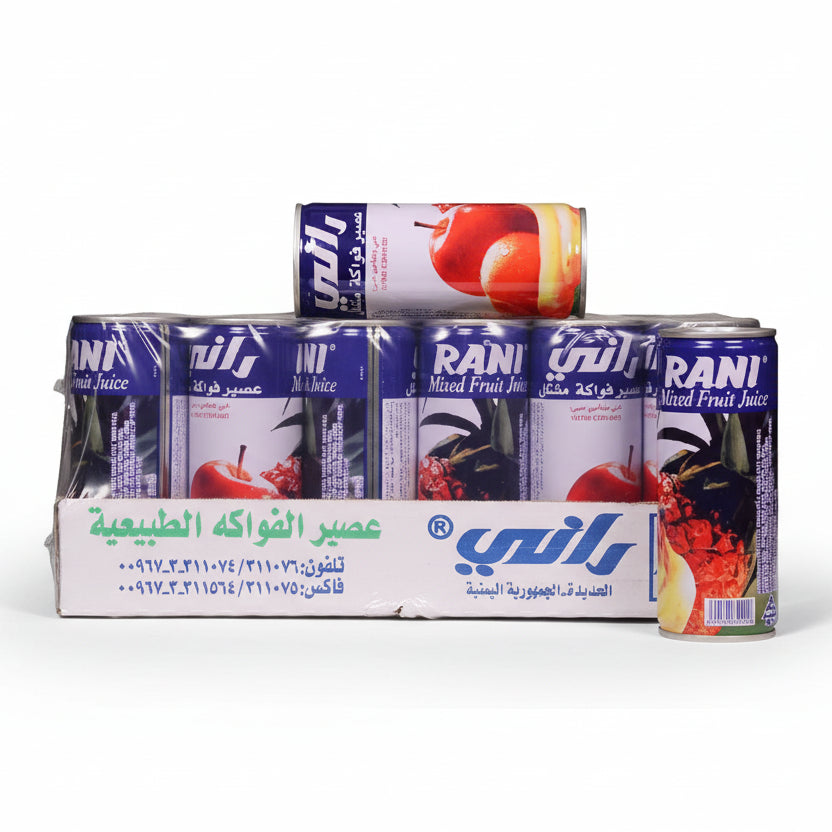 Pack of Rani mixed fruit juice cans on a white background
