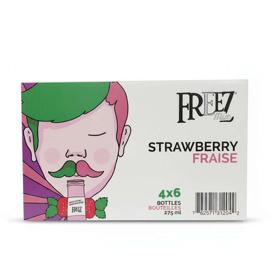 Box of Freez Strawberry flavored bottles in a store setting