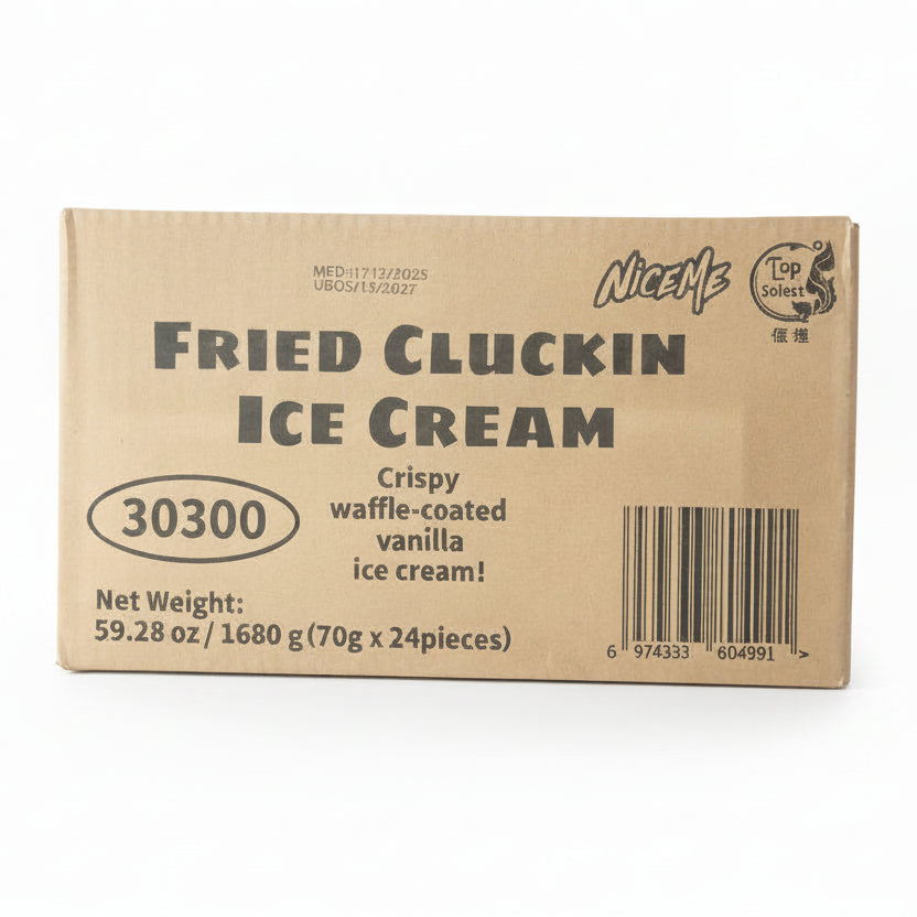 Cardboard packaging of 'Fried Cluckin Ice Cream' with branding and product details.