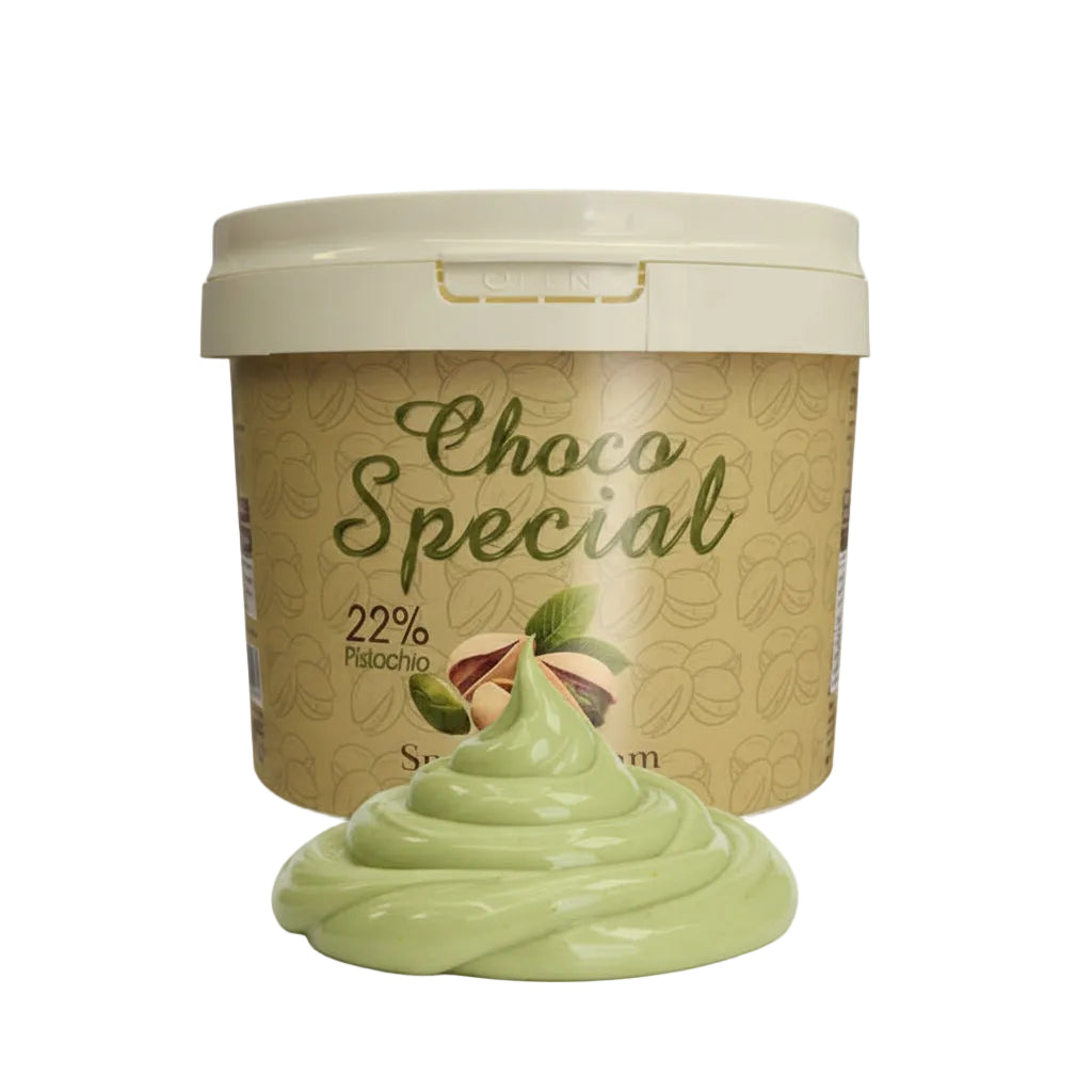 Container of Choco Special spread cream with a white lid on a light beige background
