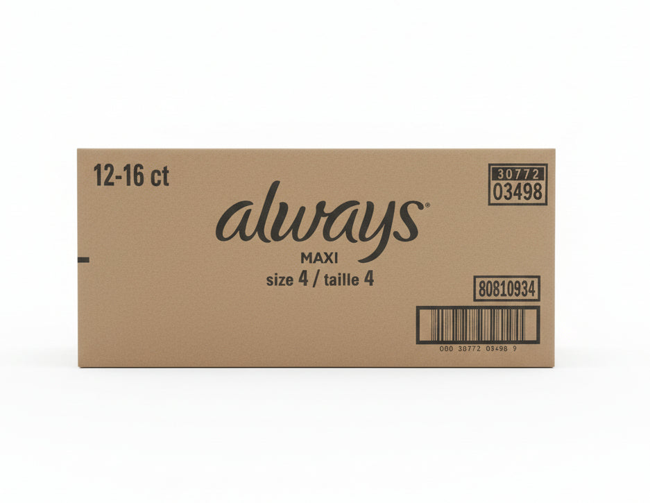 Always Maxi Overnight Pads with Wings, Size 4, 16Ct 12Pack