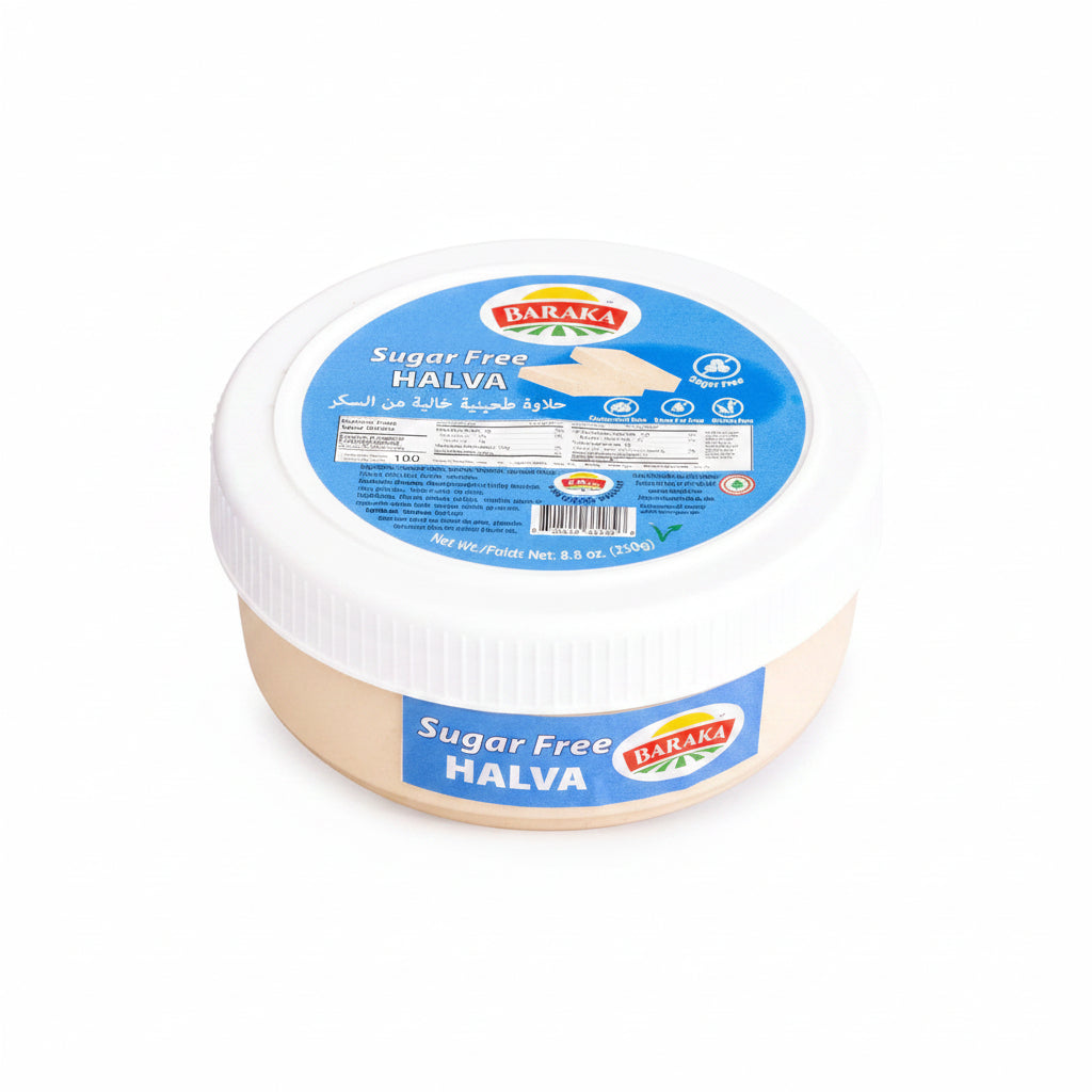 Jar of Baraka Sugar Free Halva with blue label on a white background