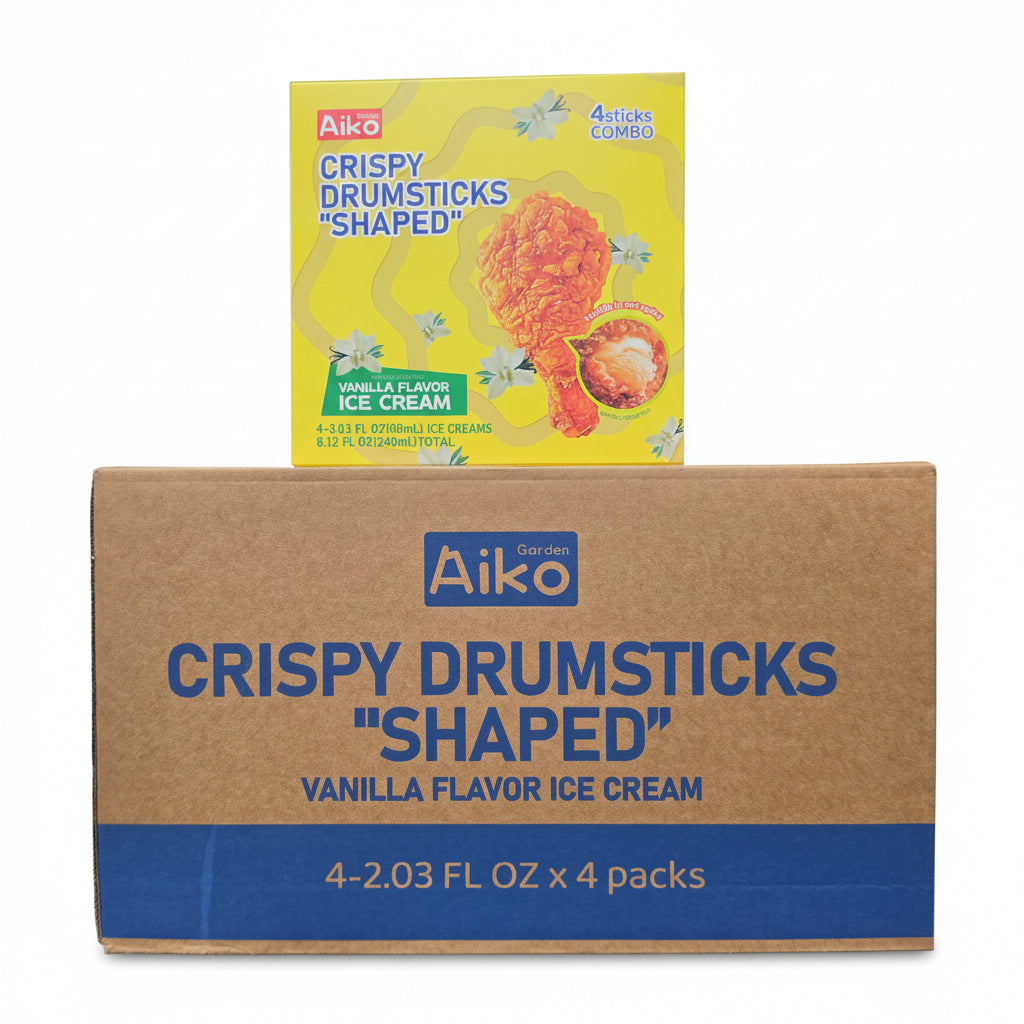 Aiko Crispy Drumsticks shaped vanilla flavor ice cream packaging in a store setting