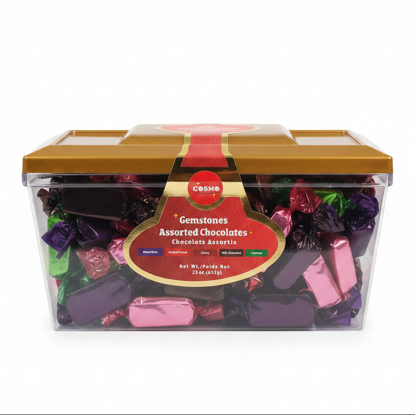 Packaged assorted chocolates with a visible brand label on a blurred background
