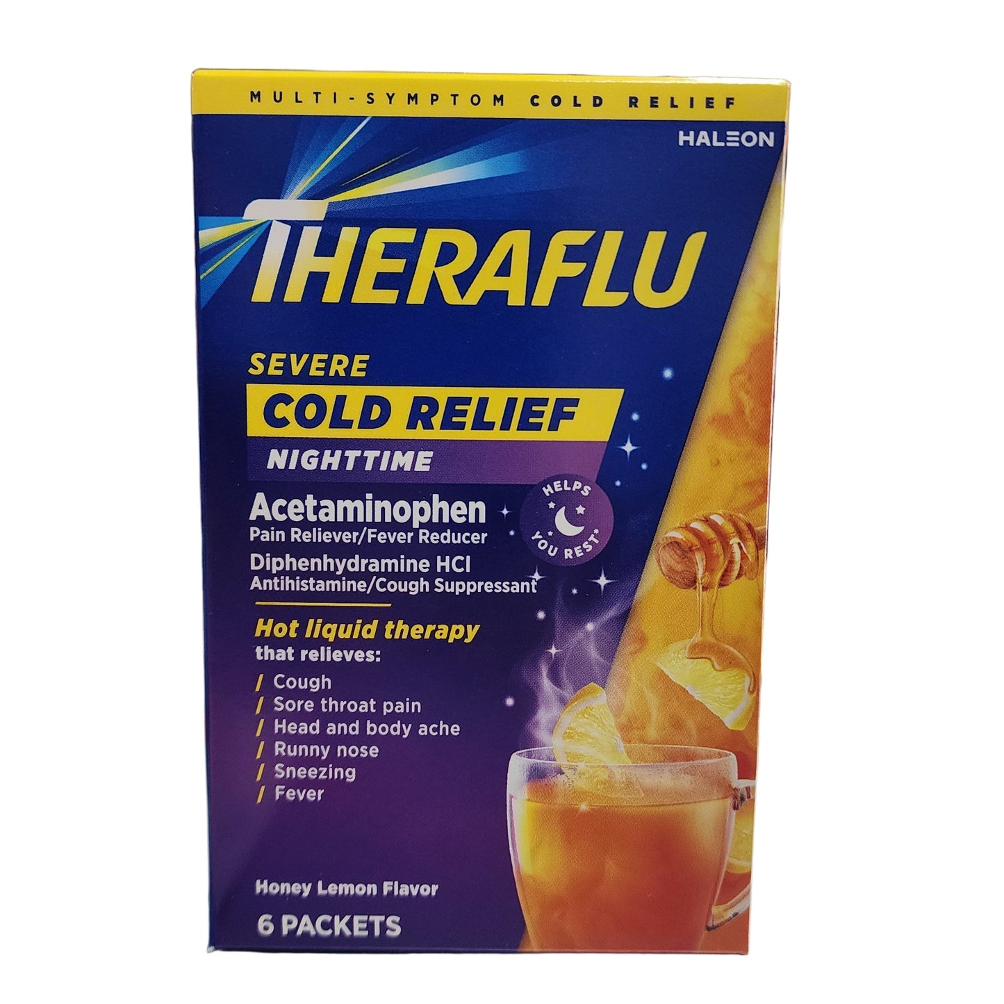 Theraflu severe cold relief package on a shelf in a store