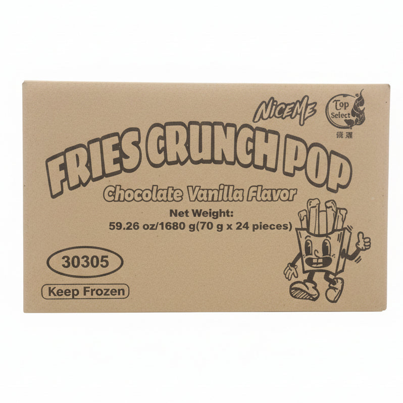 Box of Fries Crunch Pop in chocolate vanilla flavor with Nicem branding.