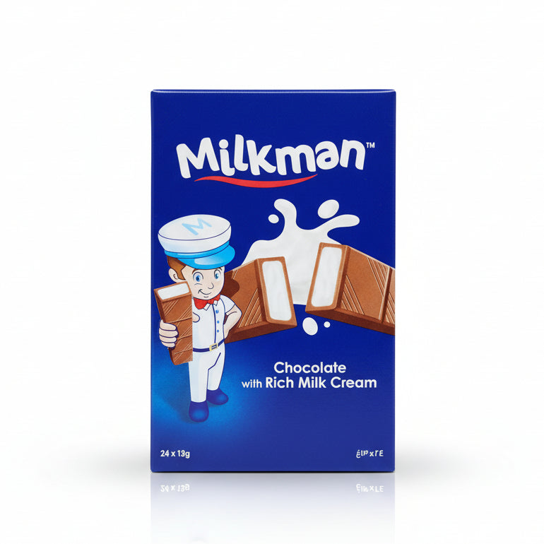 Milkman chocolate milk carton on a cardboard background