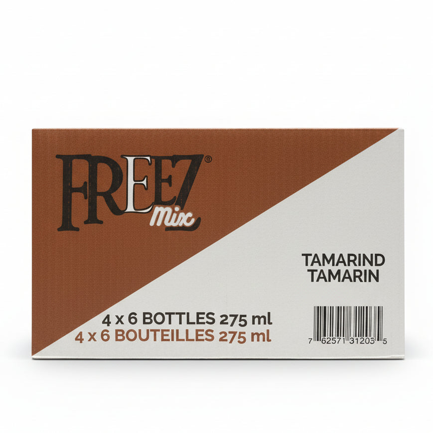 Box of Freez tamarind drink mix with a barcode and text on a blurred background