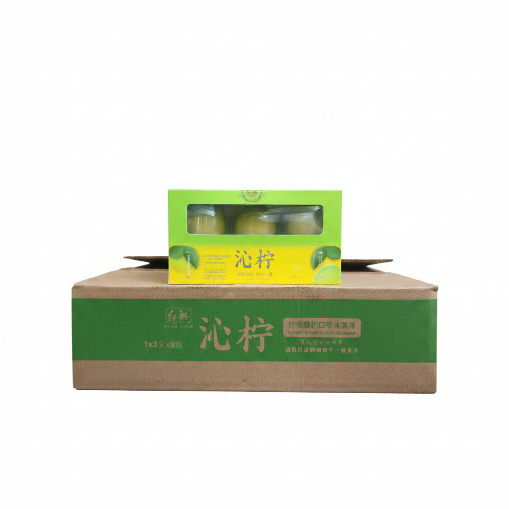 Green and yellow product packaging on a shelf with cardboard boxes in the background