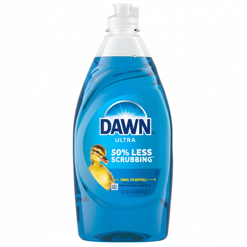 Dawn dish soap bottle with 20% less scrubbing claim on a white background