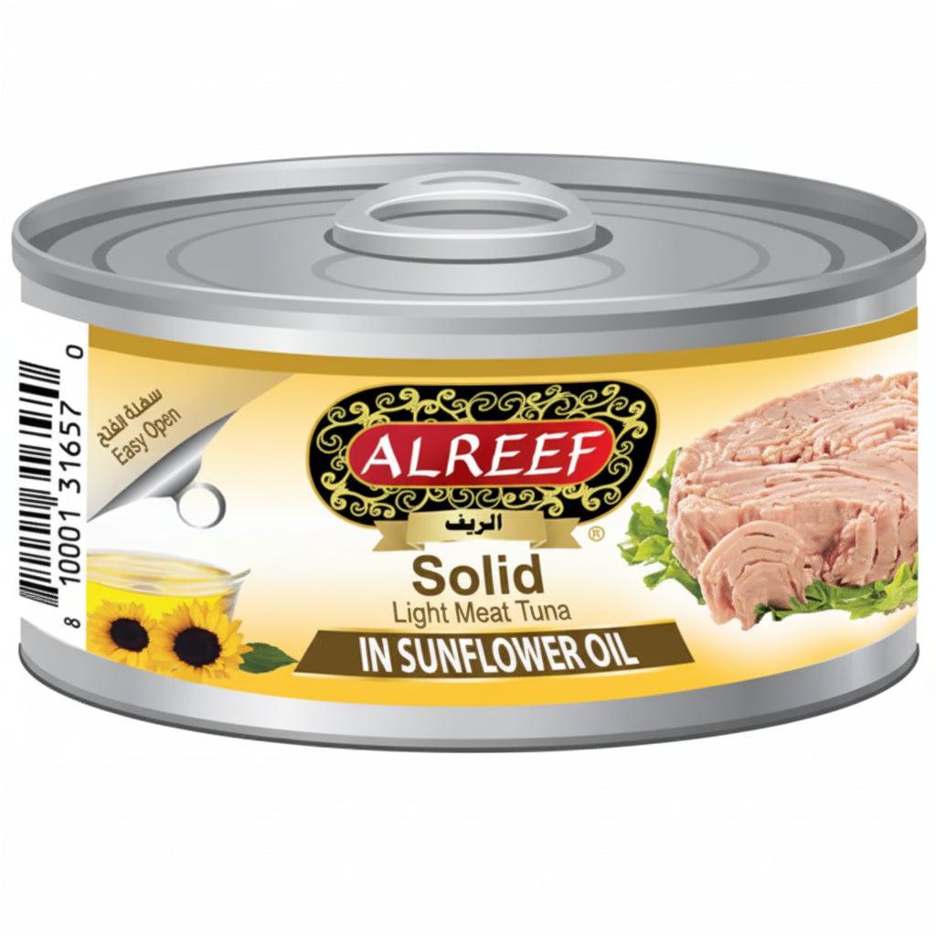 Can of Alreef Solid Light Meat Tuna in Sunflower Oil on a white background