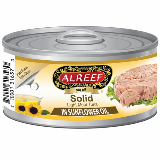 Can of Alreef Solid Light Meat Tuna in Sunflower Oil on a white background