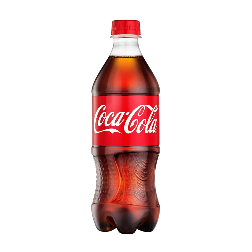 Coca-Cola bottle with red label and red cap on a white background