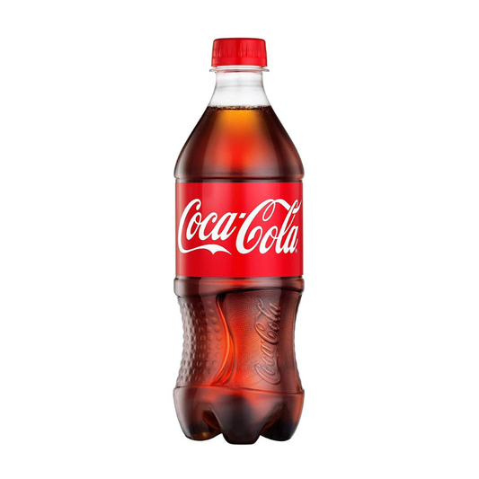 Coca-Cola bottle with red label and red cap on a white background