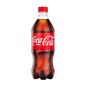 Coca-Cola bottle with red label and red cap on a white background
