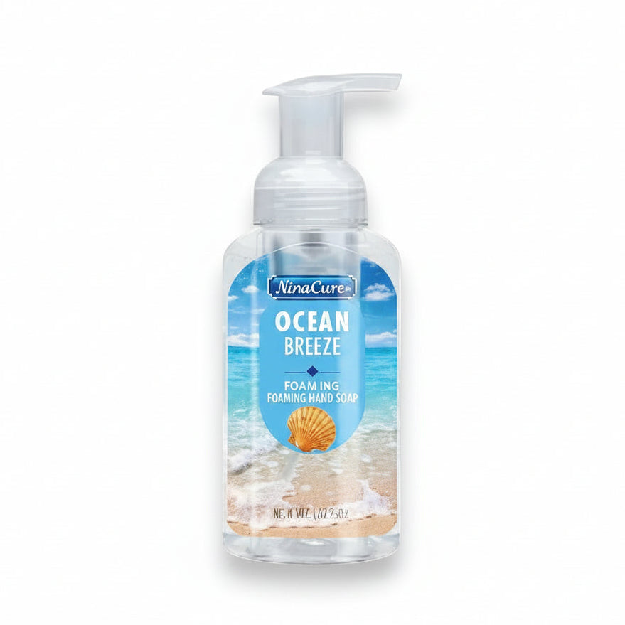 Foam hand sanitizer bottle with 'Ocean Breeze' label and ACE Distributors logo on a white background