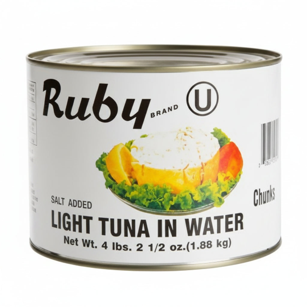Can of Ruby Light Tuna in Water on a white background