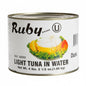 Can of Ruby Light Tuna in Water on a white background