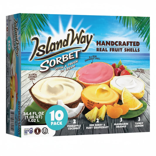 Box of Island Way Sorbet with fruit shells on a white background