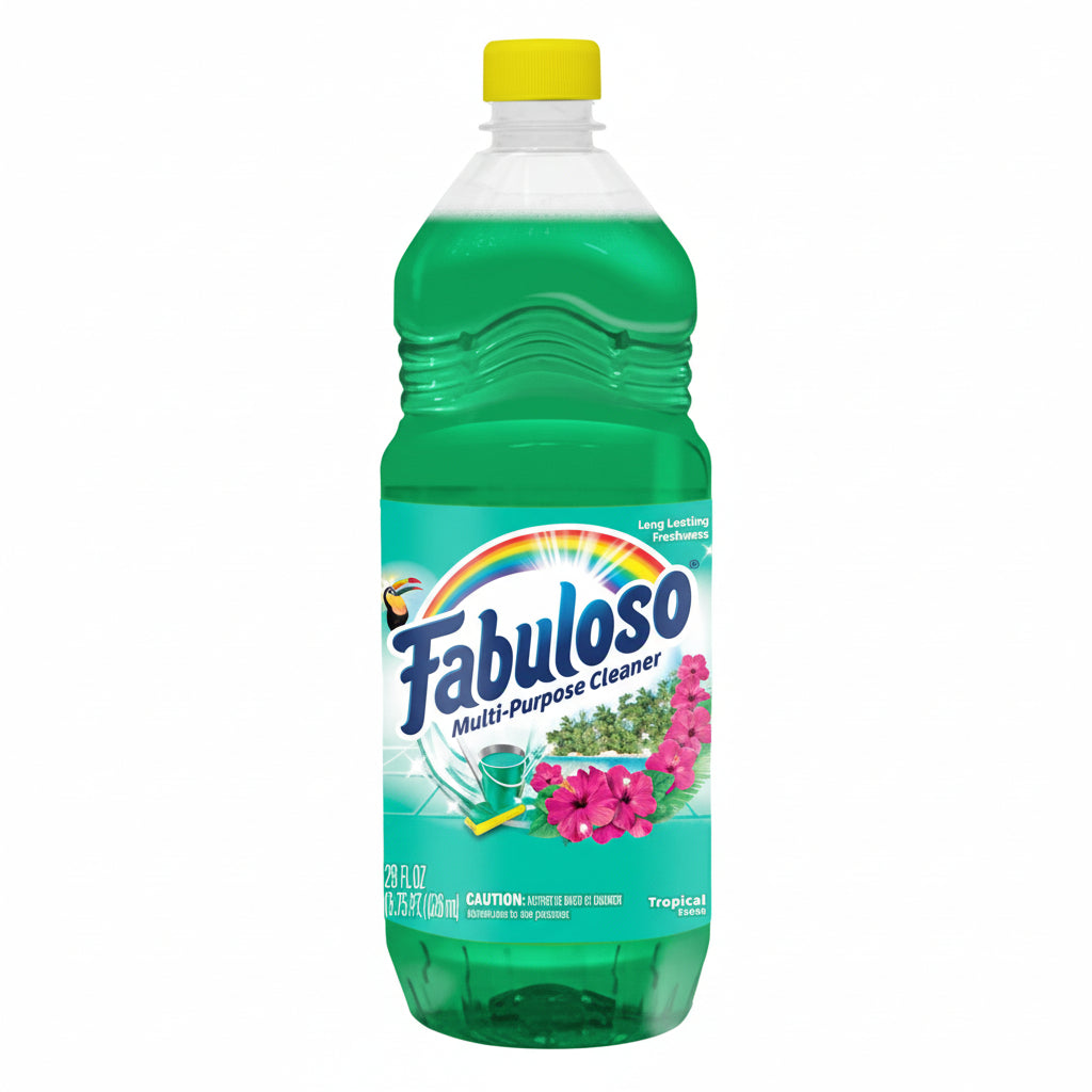Green bottle of Fabuloso multi-purpose cleaner with a yellow cap on a white background