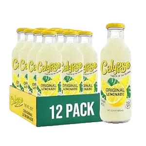 A 12-pack of Calypso Original Lemonade glass bottles in a green cardboard tray, with one bottle displayed in front on a white background.