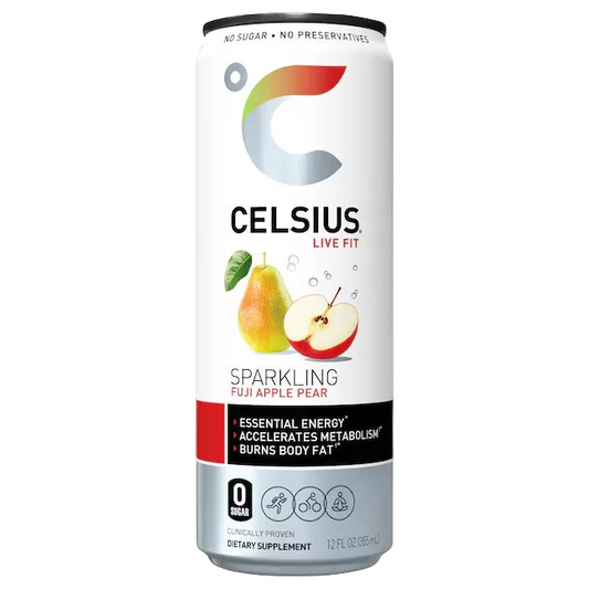 A single can of Celsius Live Fit Sparkling Fuji Apple Pear dietary supplement on a plain white background. The can is primarily white with a black band, a colorful C logo, and illustrations of a pear and apple.