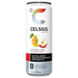 A single can of Celsius Live Fit Sparkling Fuji Apple Pear dietary supplement on a plain white background. The can is primarily white with a black band, a colorful C logo, and illustrations of a pear and apple.
